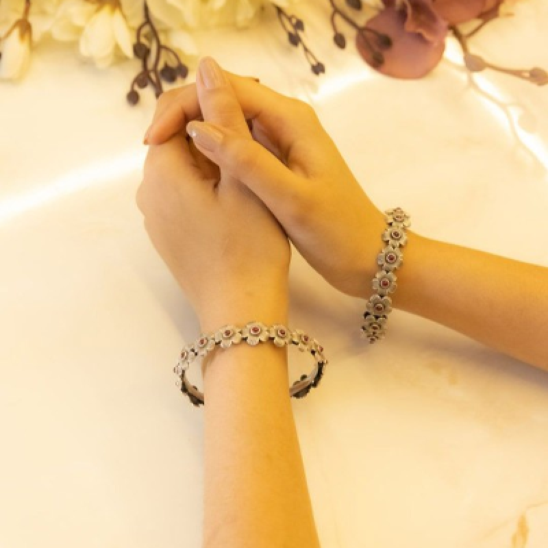 Set Of 2 Sterling Silver Stones Studded Bangles